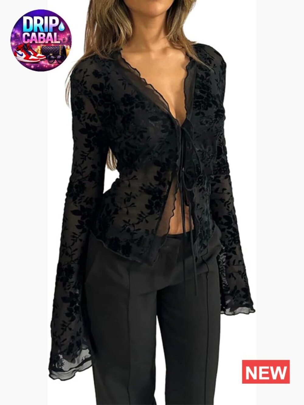 Sheer Mesh Long Sleeve Crop Top Deep V Neck Ruffle Trim Leopard Print Y2K